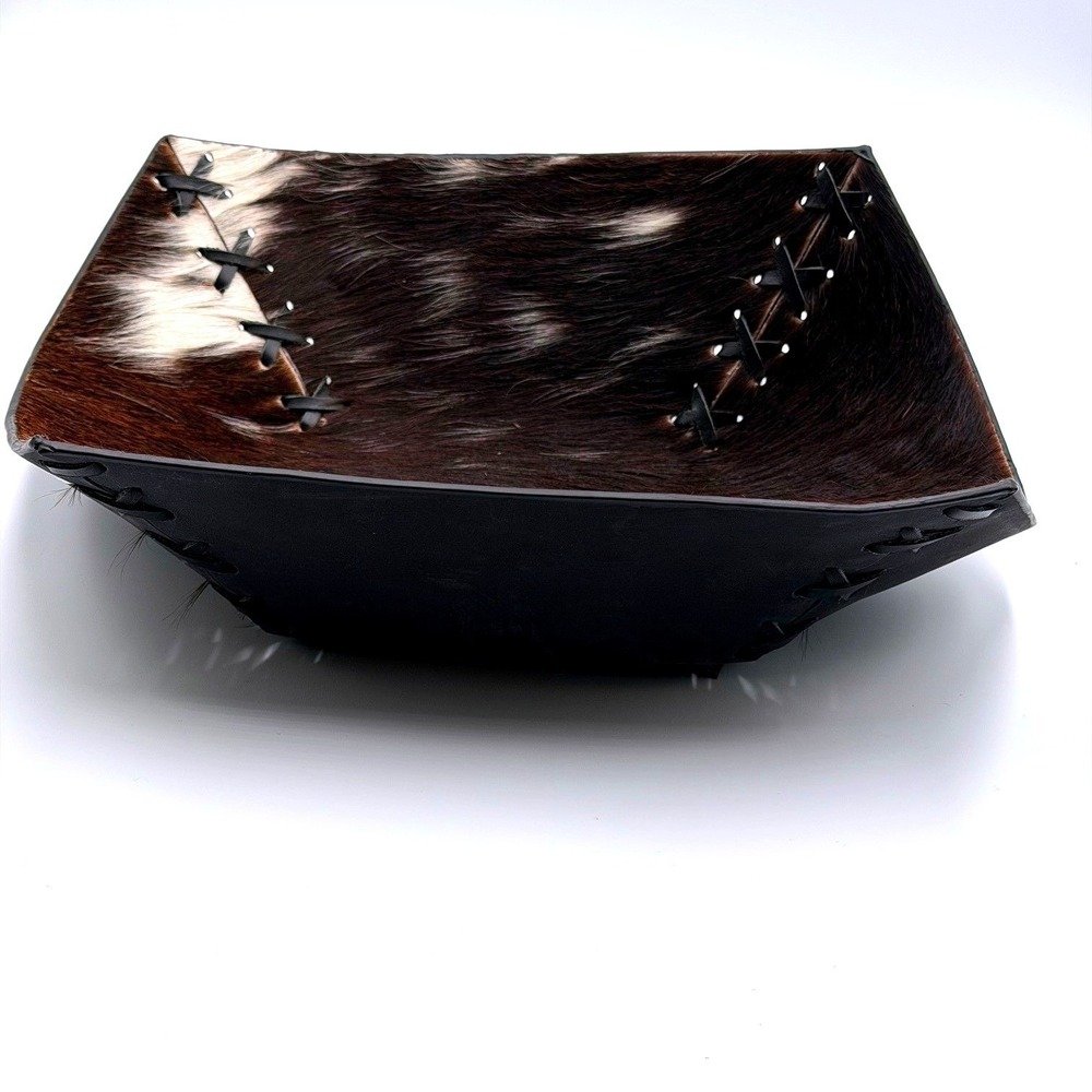 Handmade Cowhide Leather Valet Tray Catchall Brown White Hair on Hide 12x10x3